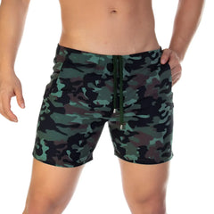 Menâ€™s gigo camo green beachwear swim trunks with green camouflage print and drawstring waistband for beach use