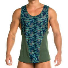 Gigo camo green tank menâ€™s athletic tank top with teal camouflage front panel and olive green mesh side panels