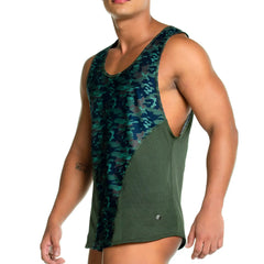 A menâ€™s sleeveless gigo camo green tank top with green black camouflage upper and olive green mesh sides and back