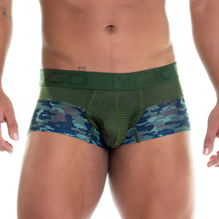 Green and blue camouflage patterned menâ€™s briefs with a mesh front panel from the gigo camo green trunk collection