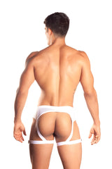 White fabric garter belt with adjustable straps and central back panel from gigo candle white mesh jock strap underwear