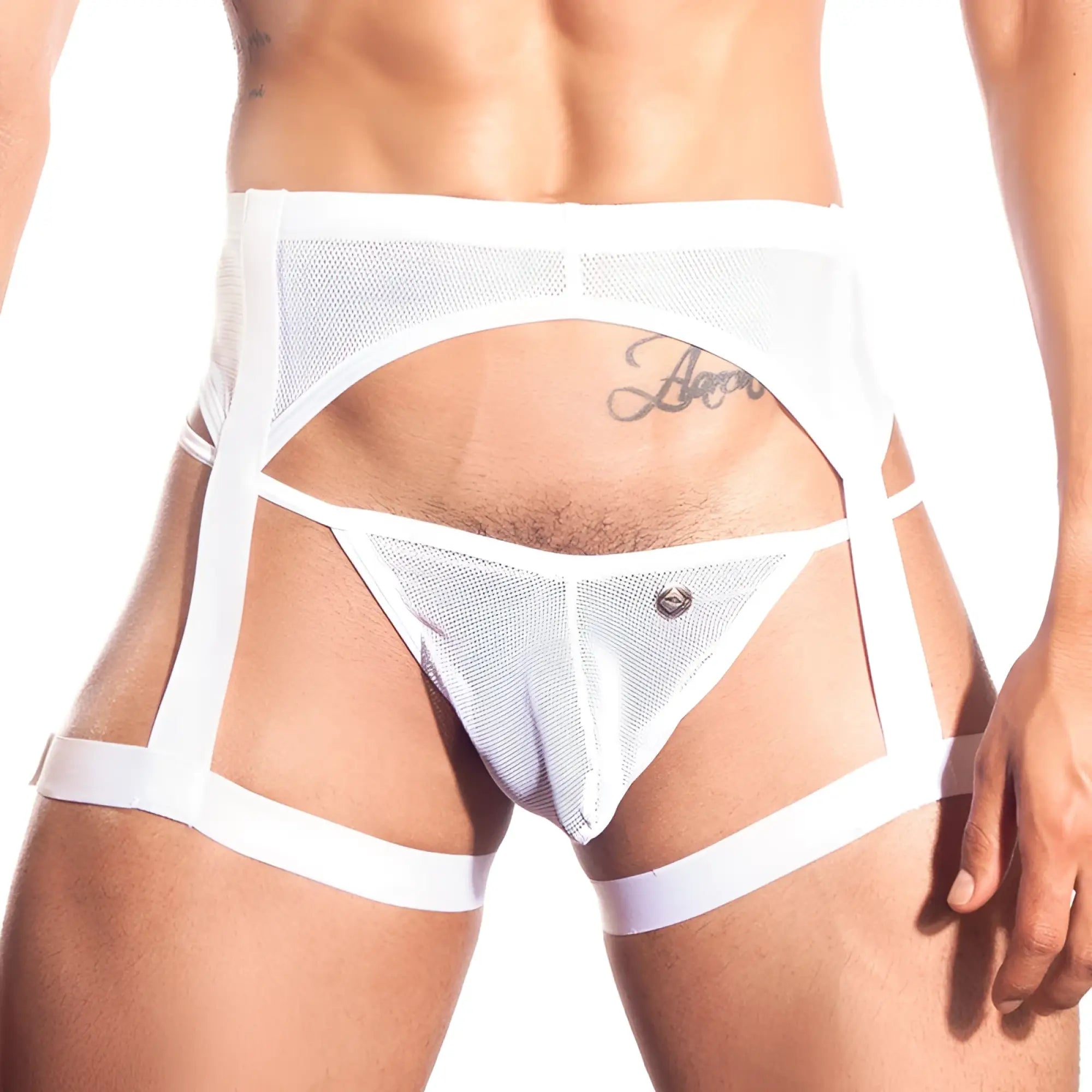 White mesh harness-style briefs with wide straps and central clasp from gigo candle white garter mesh jock strap underwear size m