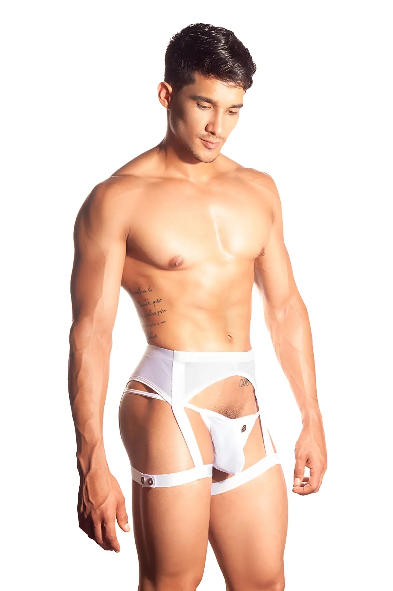 White lace-trimmed men’s briefs with adjustable straps and button closure in gigo candle white mesh jock strap size m