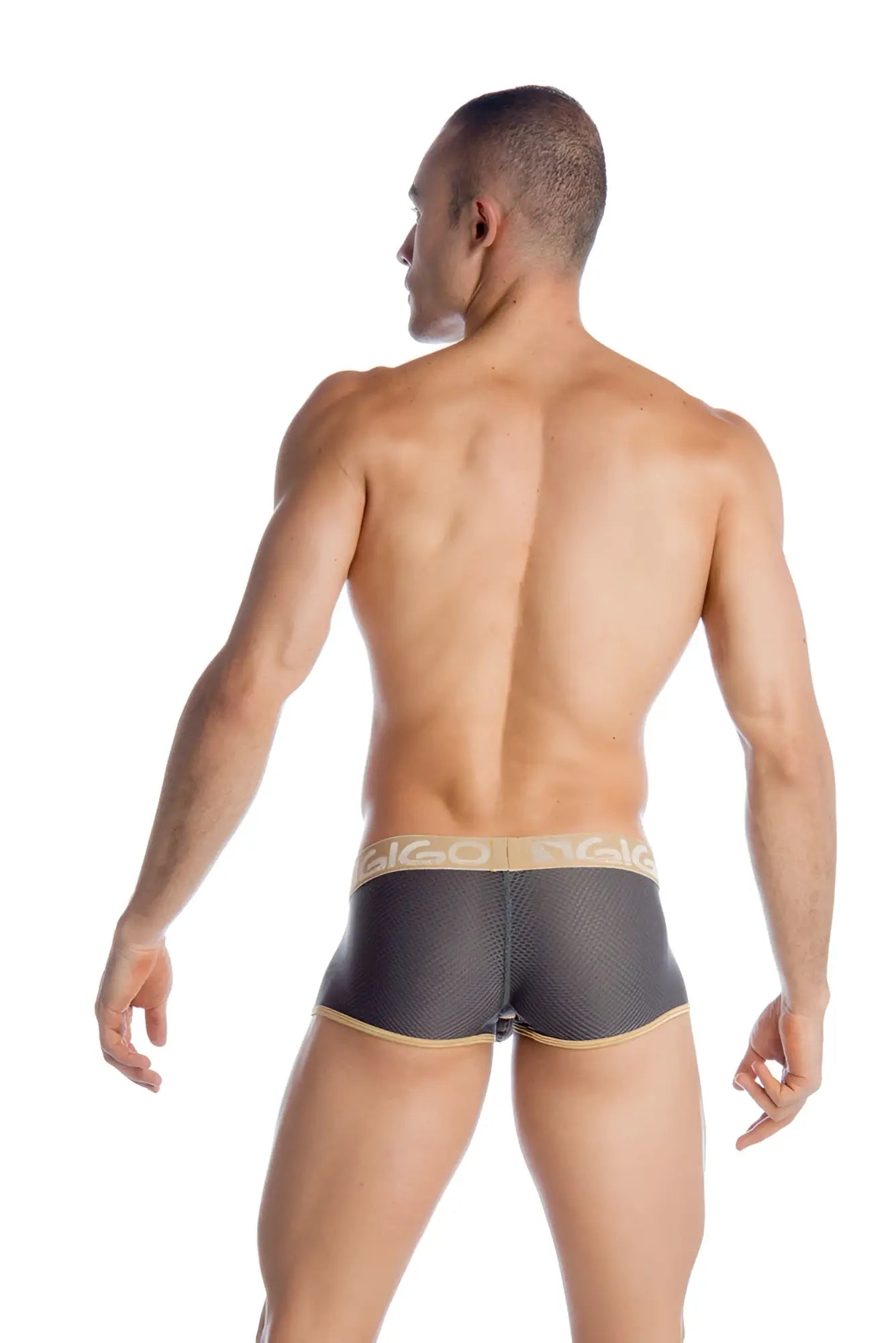 Gigo Capriati grey short boxer underwear in size S with black mesh briefs and beige elastic waistband with logo trim