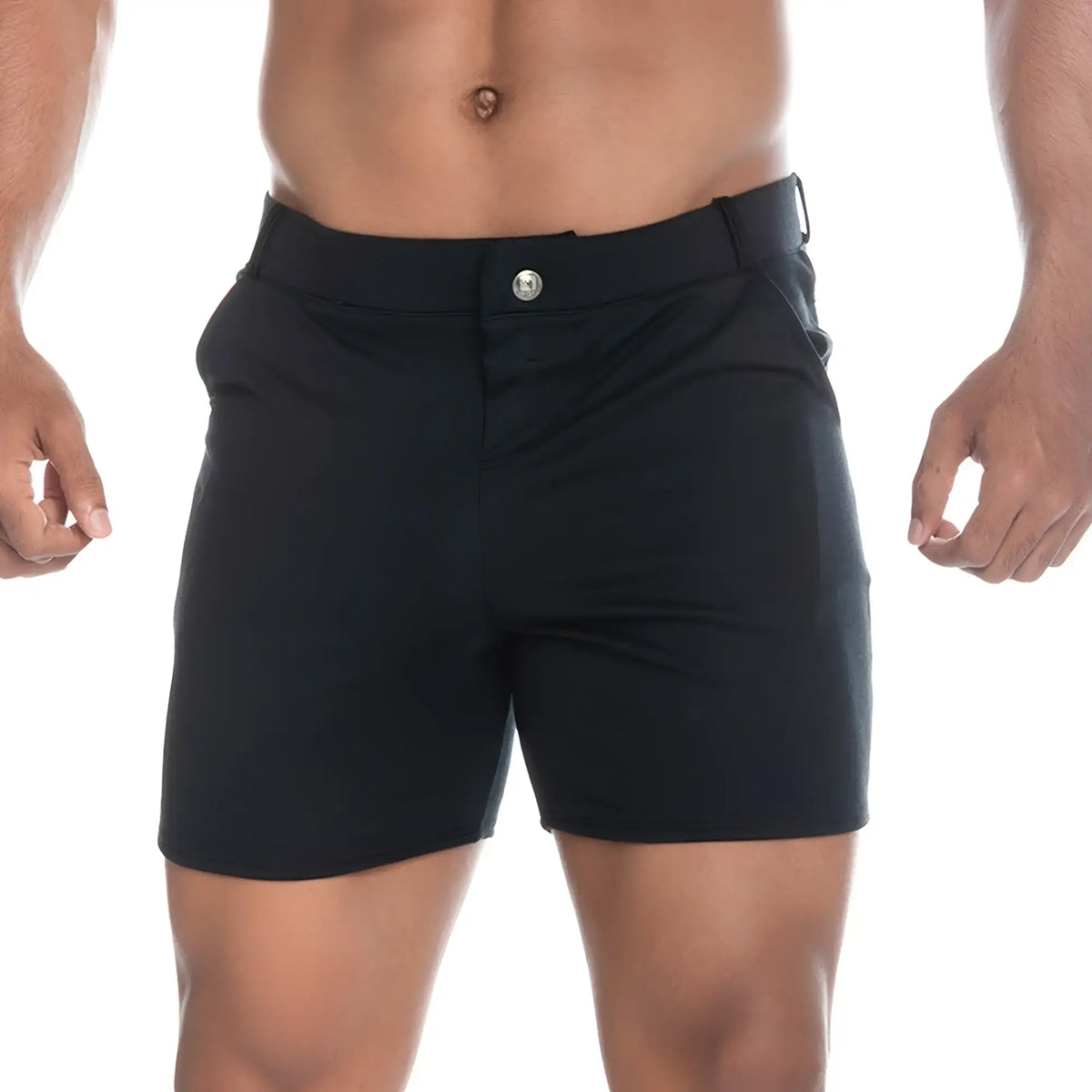 Black menâ€™s tailored cargo shorts in sleek modern design with silver button closure from gigo cargo black short collection