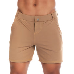 Tan chino cargo shorts with button closure and subtle stitching details ideal for casual wear