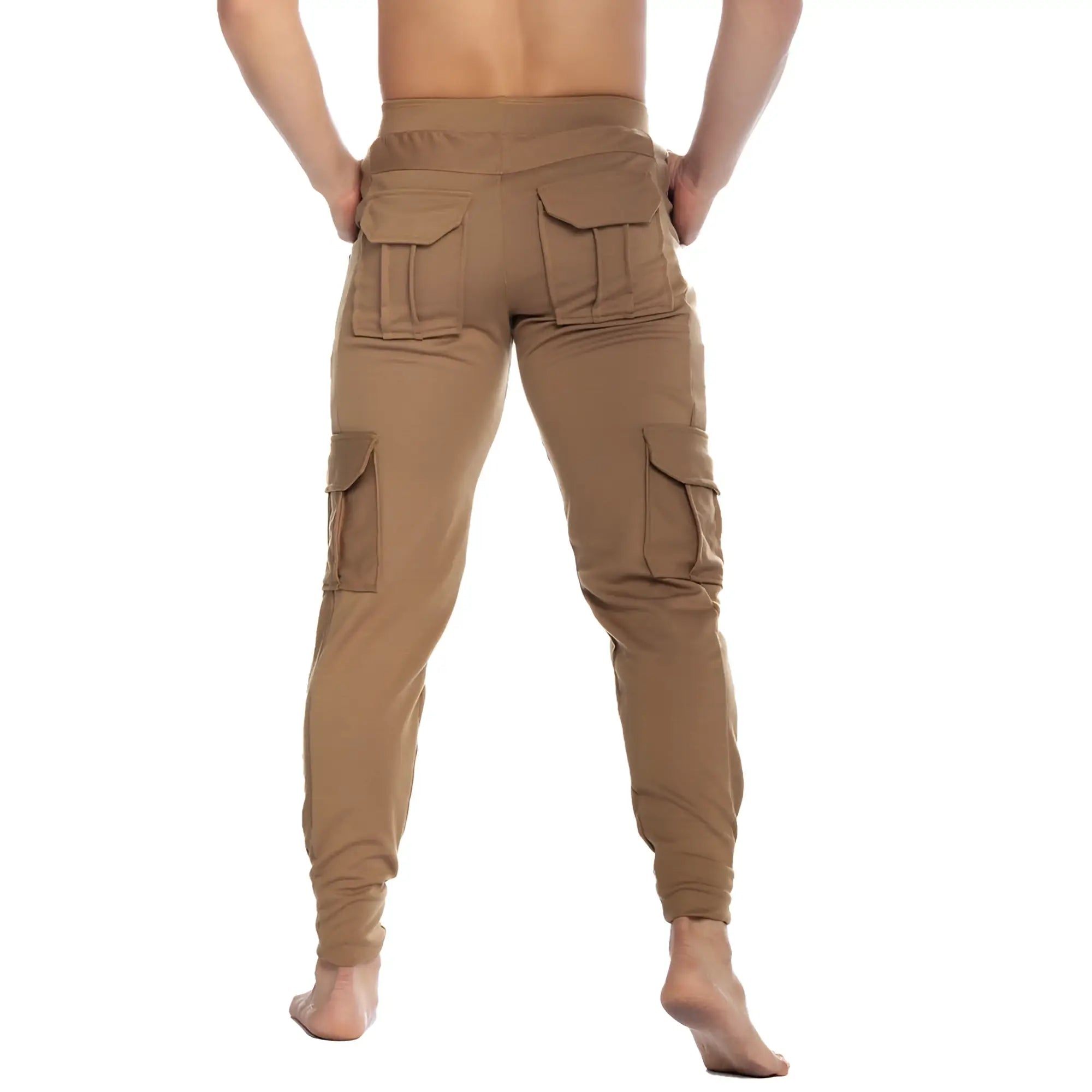 Tan gigo cargo caqui sportpants with multiple pockets and a snug tapered fit for casual and active wear