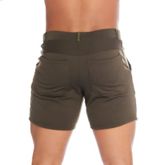 Olive green gigo cargo shorts showing the back with a wide elastic waistband and two pockets for athletic use