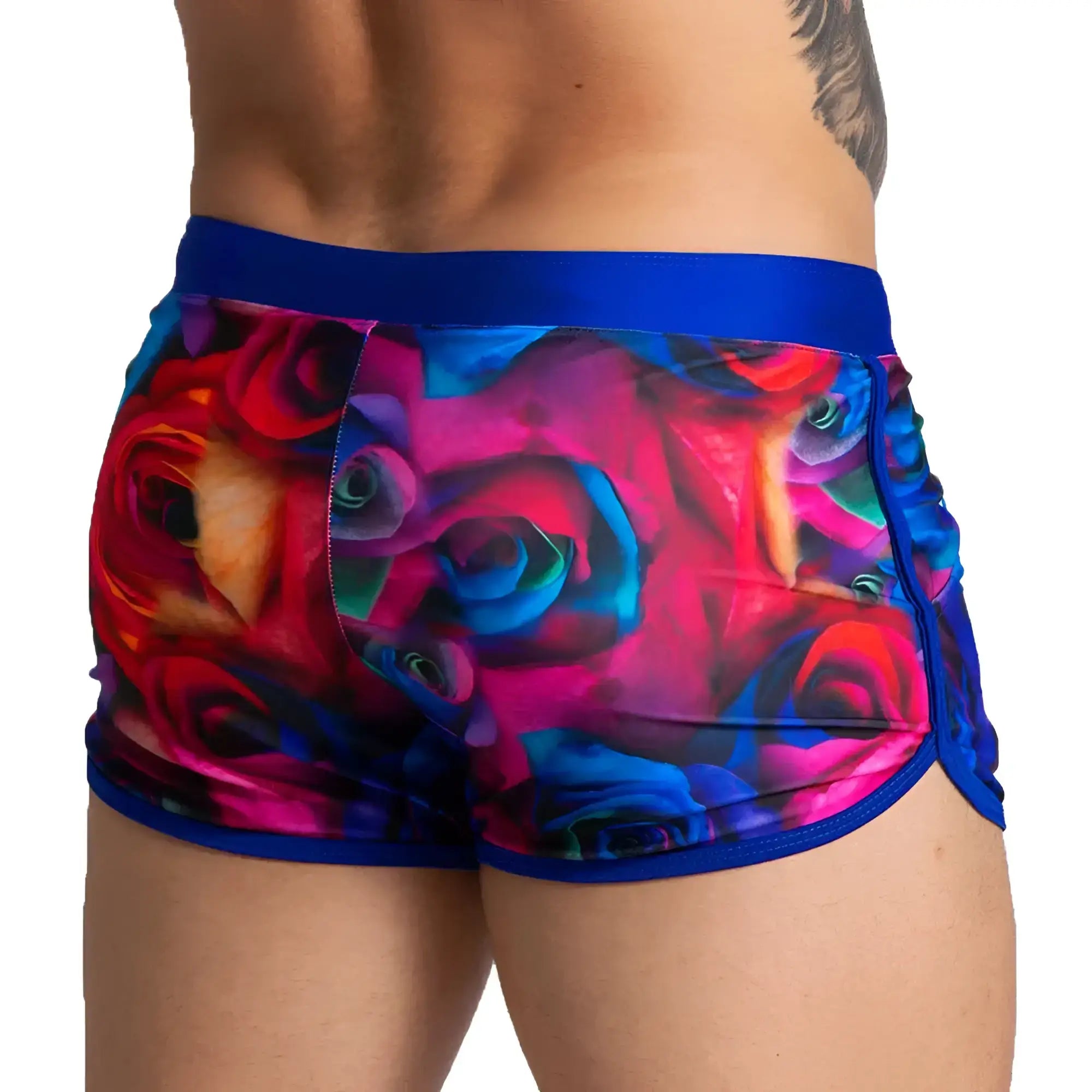 Gigo carnations beachwear vibrant multicolored rose-patterned menâ€™s shorts with bold blue elastic waistband and trim