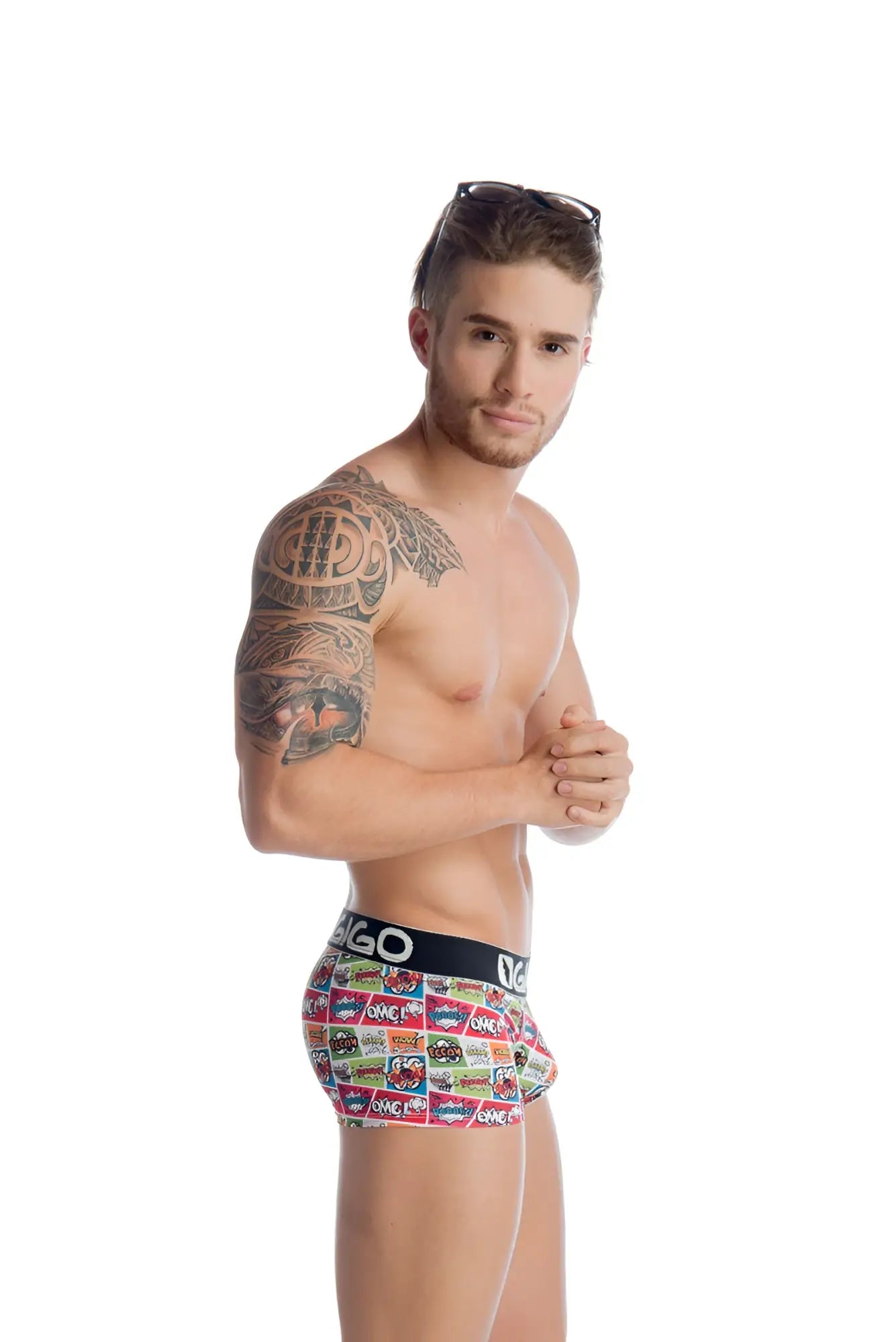Colorful patterned men’s briefs with a black gogo waistband from gigo cartoons short boxer underwear size l