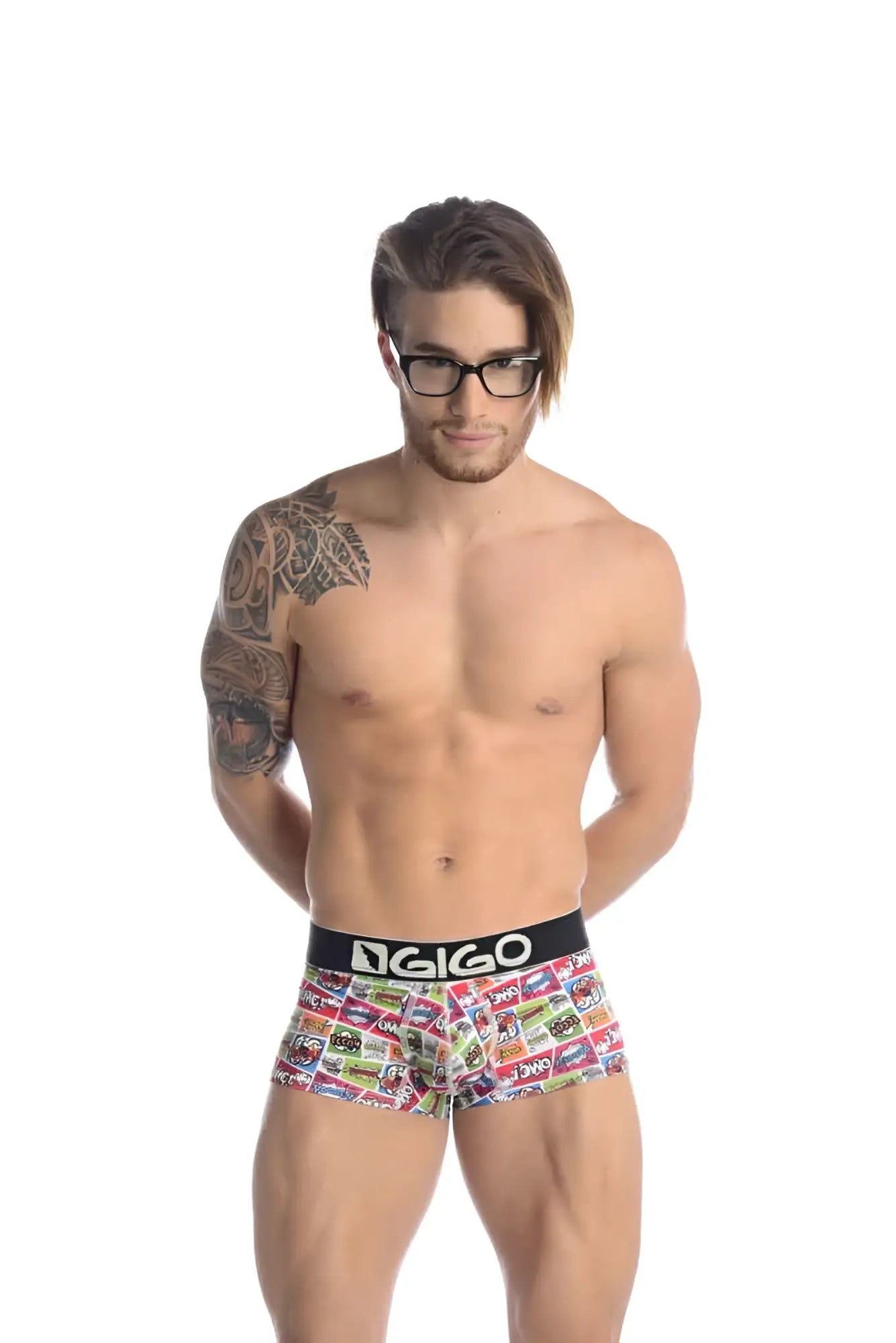 Men’s gigo cartoons short boxer underwear in size l with colorful retro comic print and black elastic waistband