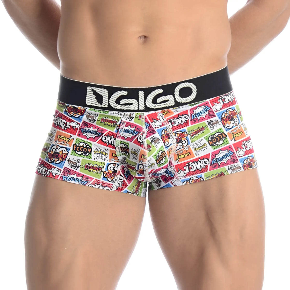 Vibrant comic book-themed men’s boxer briefs with black waistband and white gigo logo size l gigo cartoons short boxer underwear
