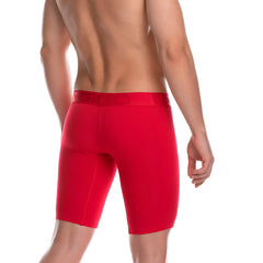 Red athletic briefs with a matching elastic waistband featuring subtle branding from gigo cautious red trunk long collection