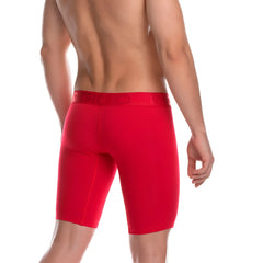 Red athletic briefs with a matching elastic waistband featuring subtle branding from gigo cautious red trunk long collection