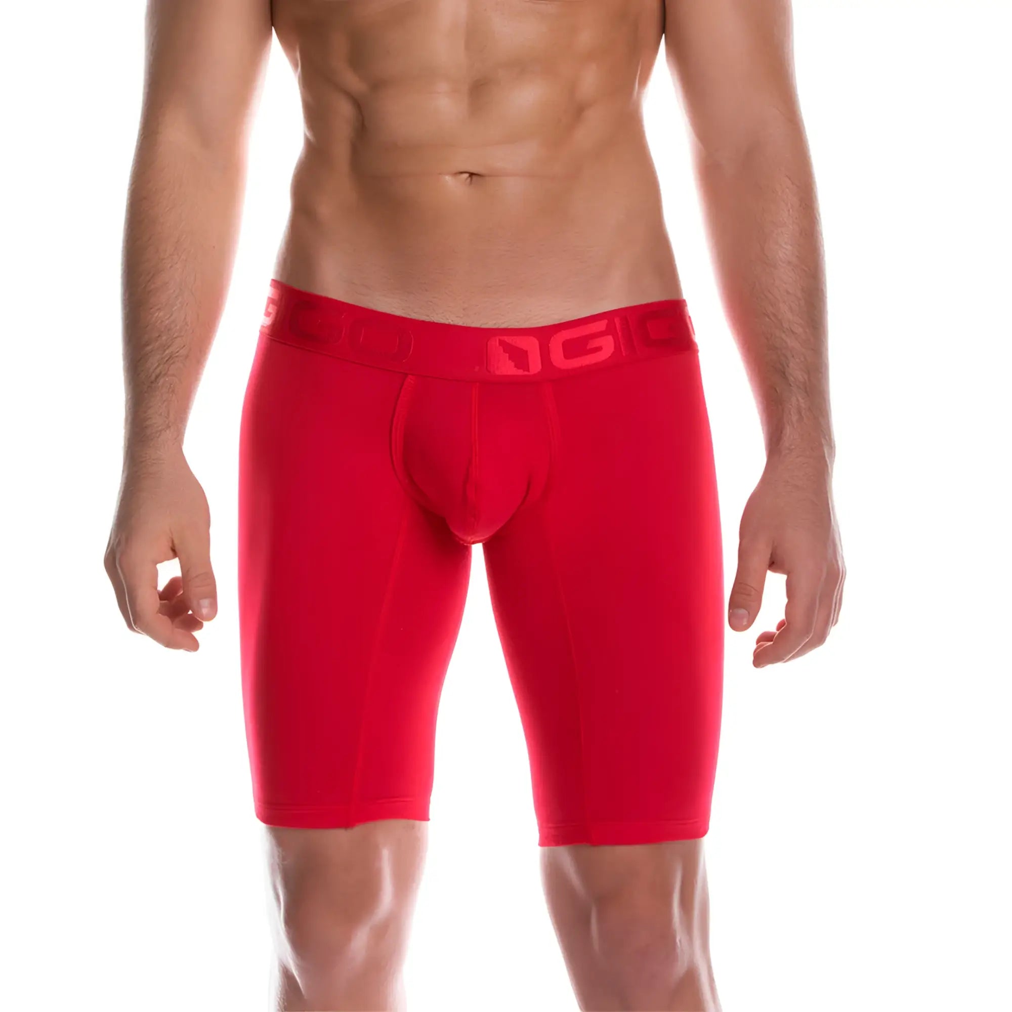 Red menâ€™s athletic briefs with snug fit and elastic waistband featuring gigo brand logo in cautious red trunk long style