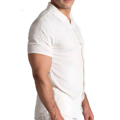White short-sleeved polo shirt with classic collar and stitched seams from gigo chalis beige shirt collection