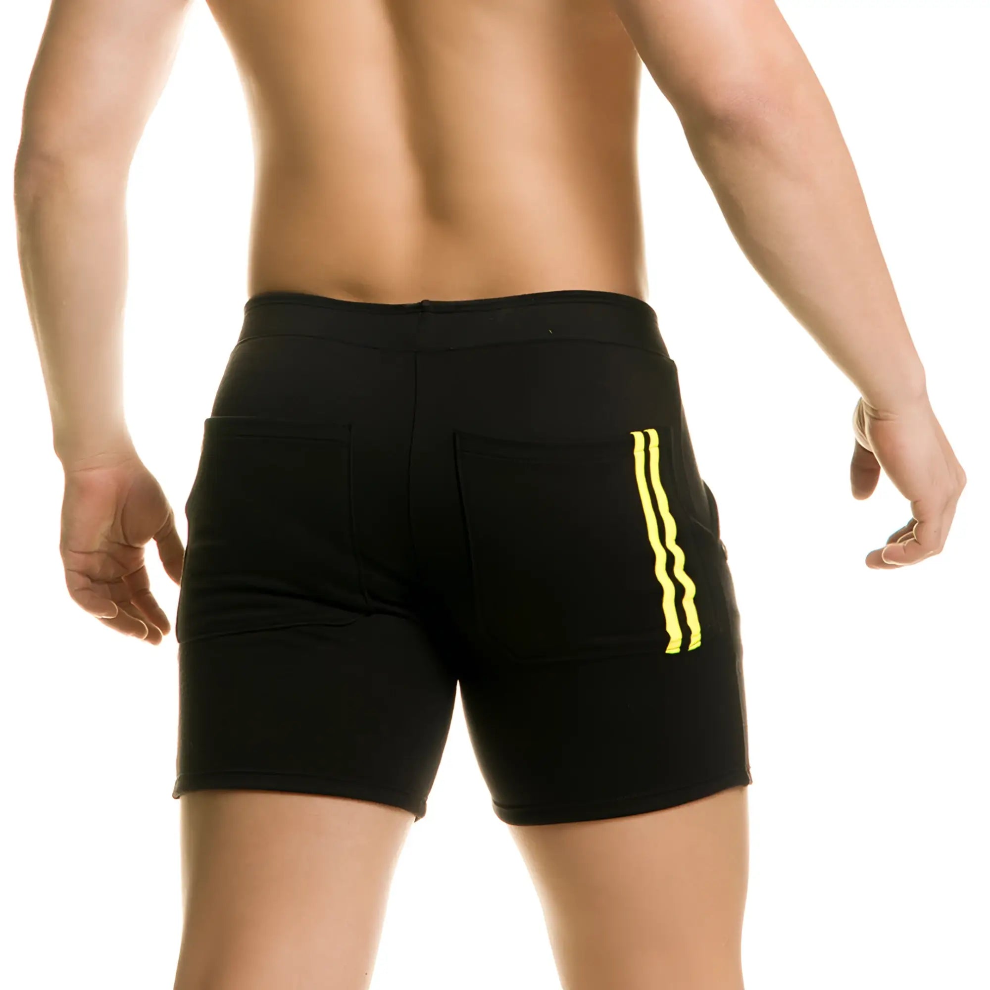 Gigo Chari black athletic shorts with bold yellow vertical stripes on side pockets for activewear use