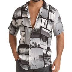 Black and white photographic collage print short-sleeved button-up shirt from gigo charles collection