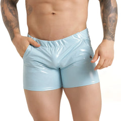 Light blue glossy latex shorts gigo charol blue hotshort with elastic waistband and side button detail
