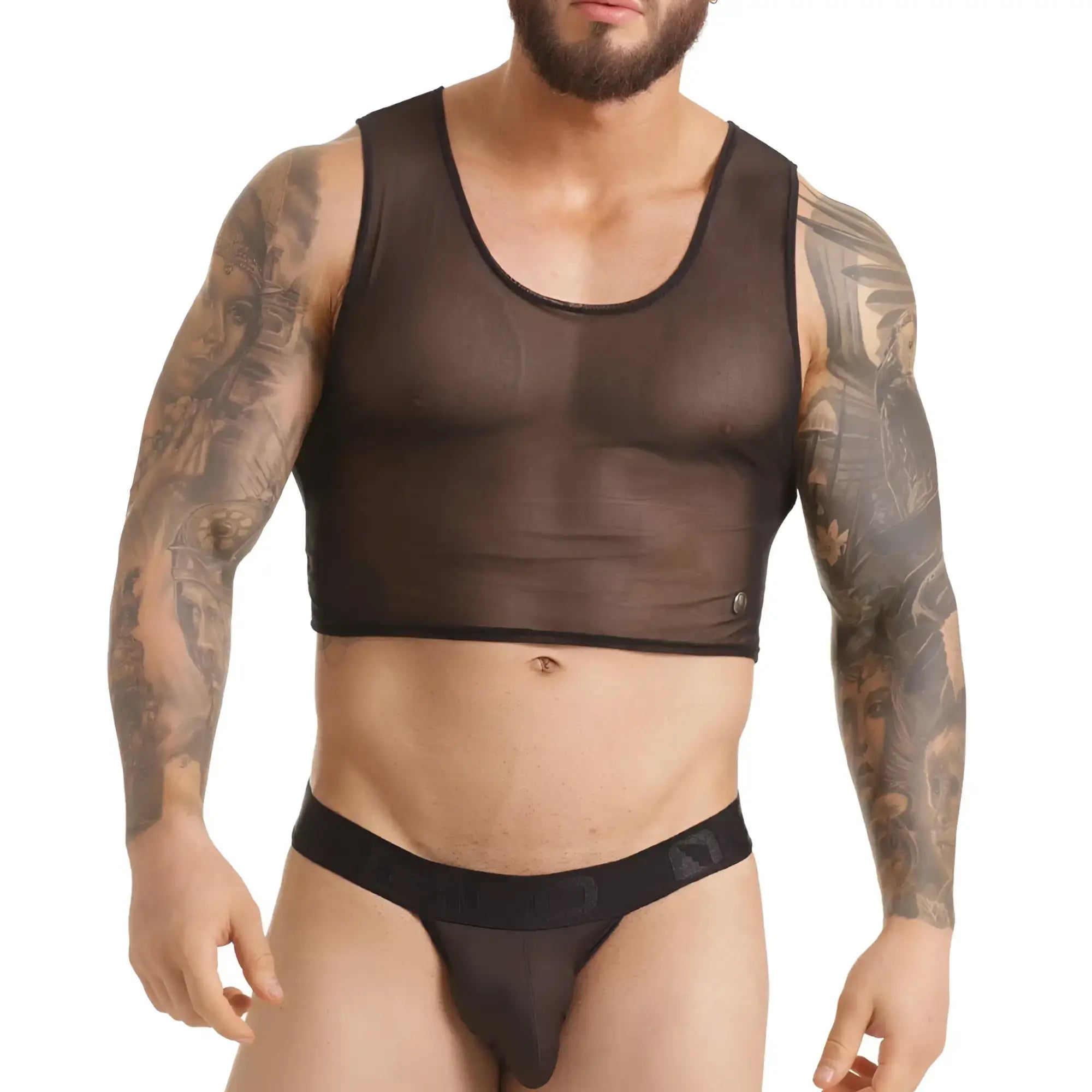 Gigo Clandestine sheer black mesh crop top with black trim and small button detail on the side