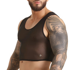 Gigo clandestine crop top in black sheer mesh with black trim and a silver button at the bottom center