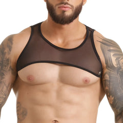 Black sheer mesh tank top with black trim and side button closure from gigo clandestine harness collection