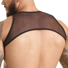 Black sheer mesh tank top with black trim and harness detailing from gigo clandestine harness collection