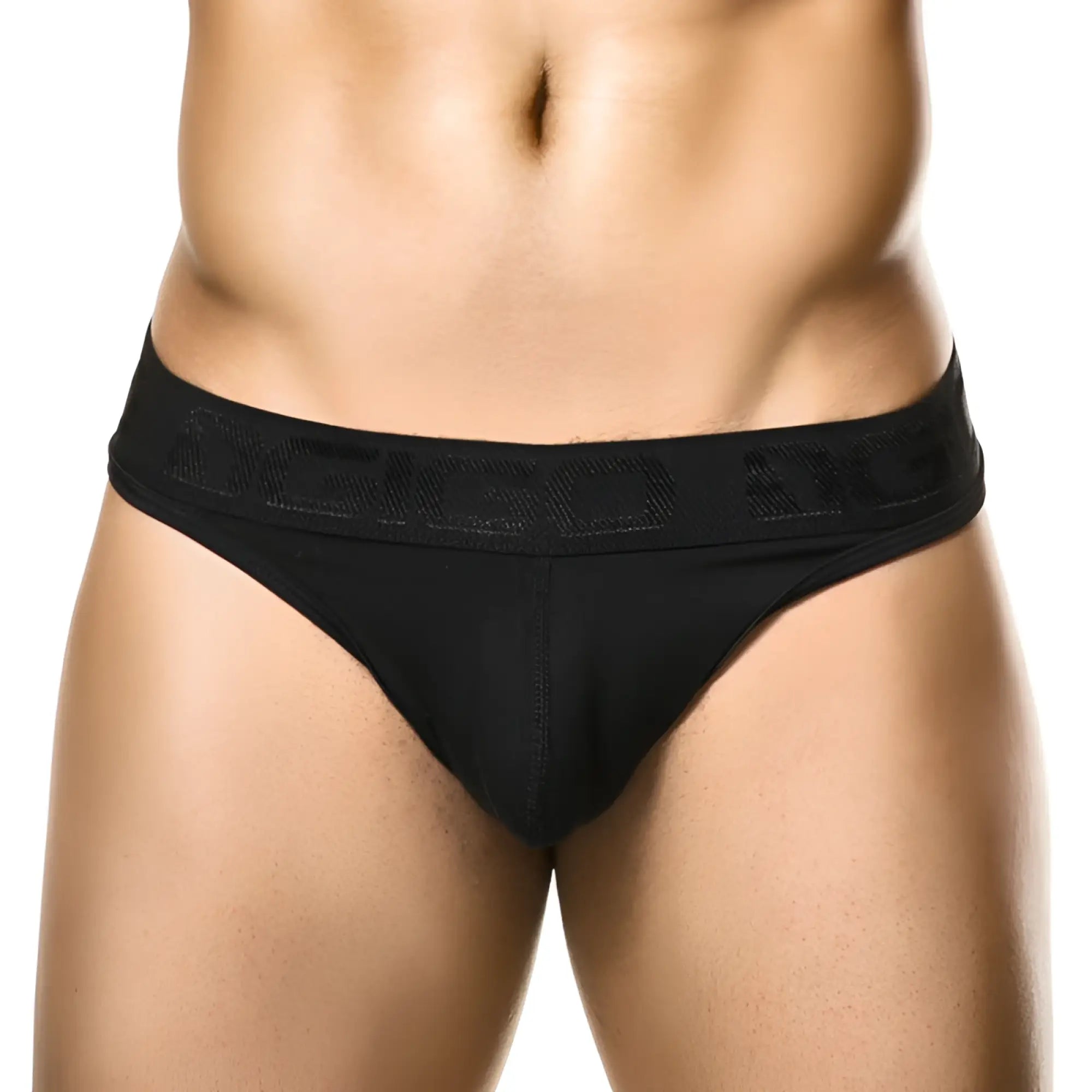 Black mens briefs with textured waistband featuring dego logo in raised lettering classic black g string size l