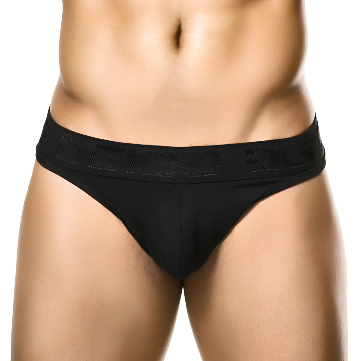 Black mens briefs with textured waistband featuring dego logo in raised lettering classic black g string size l