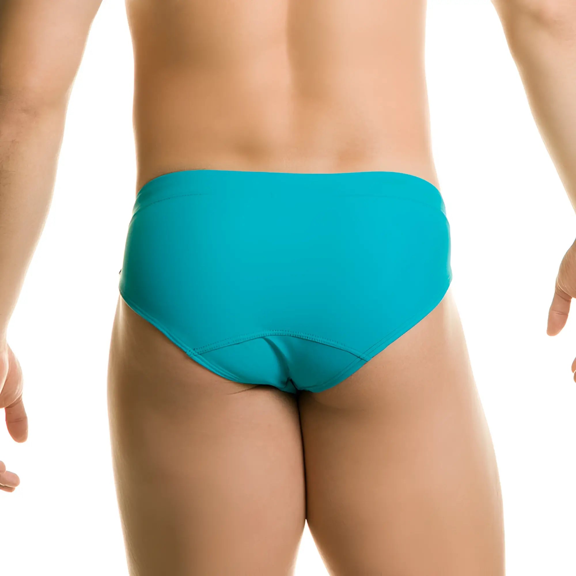 A vibrant turquoise gigo classic blue swim brief with smooth form-fitting design for swimming and beach use