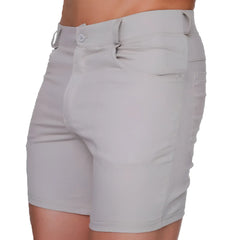 Light gray tailored gigo classic forever beige shorts with button closure and subtle stitching details