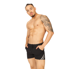 Gigo Club black athletic shorts with gray diagonal stripes on the side designed for sports and casual wear