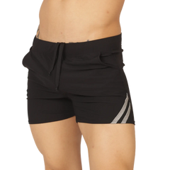 Gigo Club black athletic shorts with drawstring waistband and two diagonal silver stripes on the side