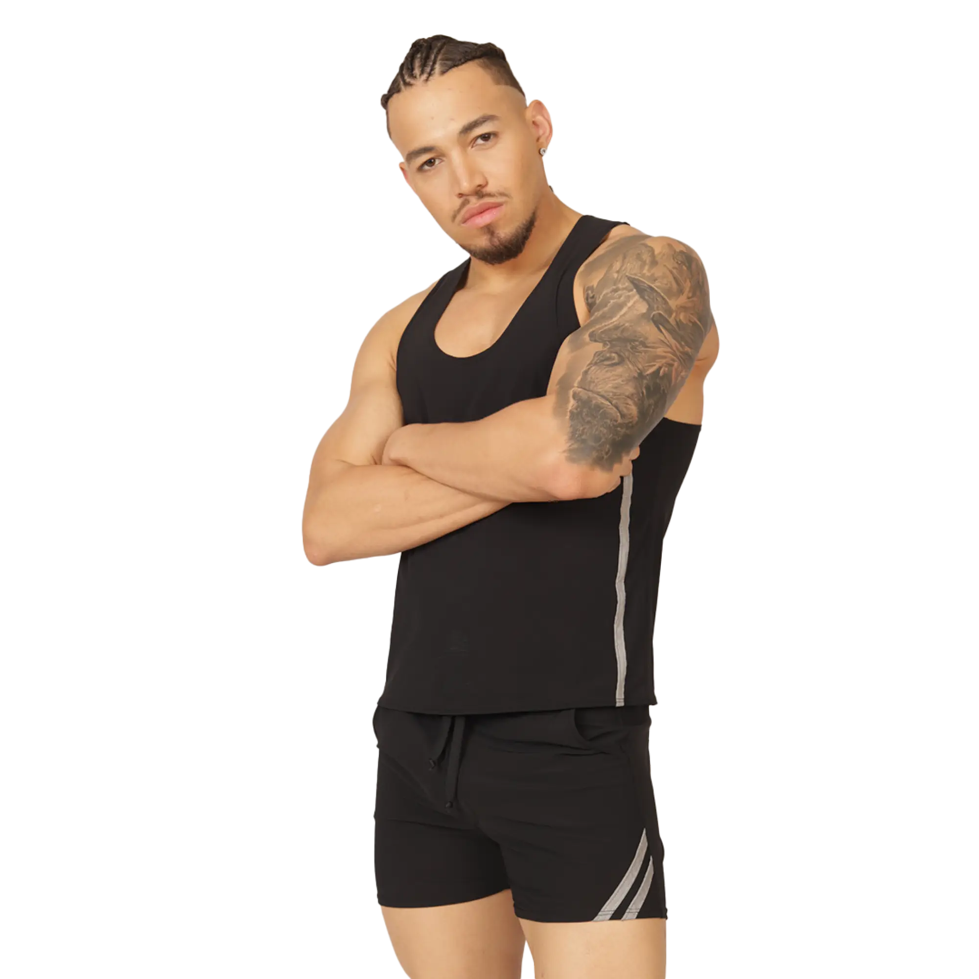 Black athletic tank top gigo club with gray side stripes designed for activewear and breathable comfort