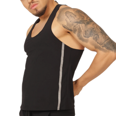 Gigo Club black athletic tank top with a vertical gray stripe down the side for workout and casual wear