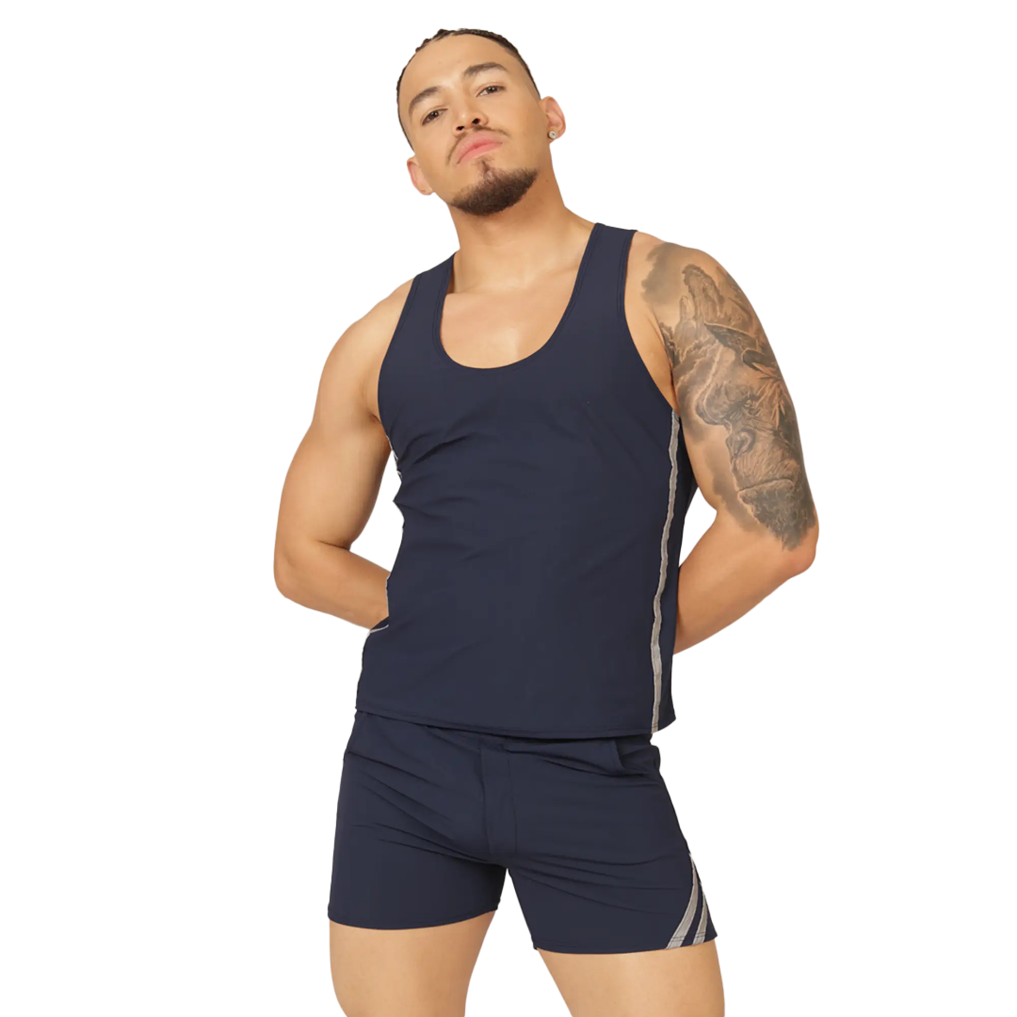 Navy blue athletic tank top with gray side stripes designed for active wear from Gigo Club blue tank collection