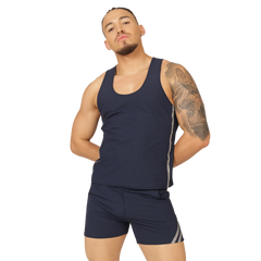 Navy blue athletic tank top with gray side stripes designed for active wear from Gigo Club blue tank collection