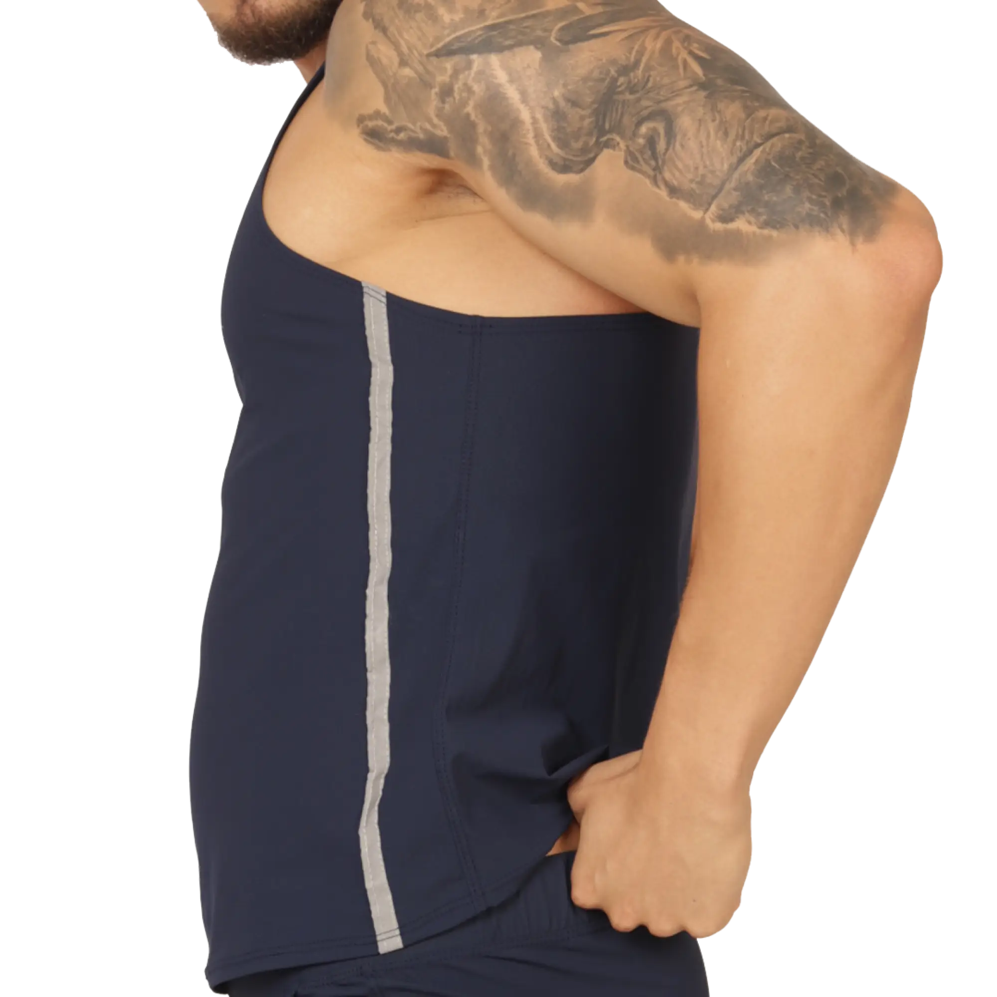 Navy blue Gigo Club athletic tank top with vertical silver stripe down the side for active wear