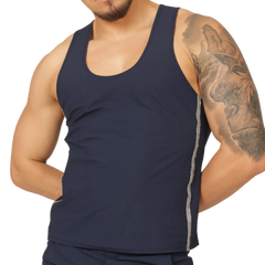 Navy blue sleeveless tank top with gray side stripes by gigo club made from breathable fabric for active wear