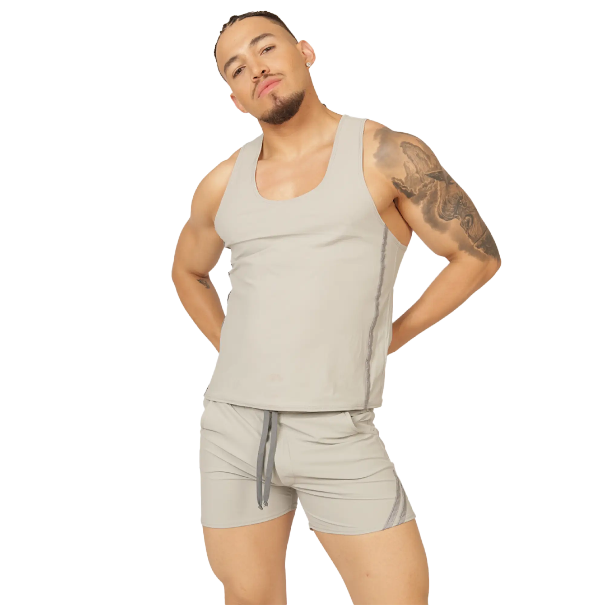 A man wearing a gigo club gray tank sleeveless light gray tank top with subtle side seams