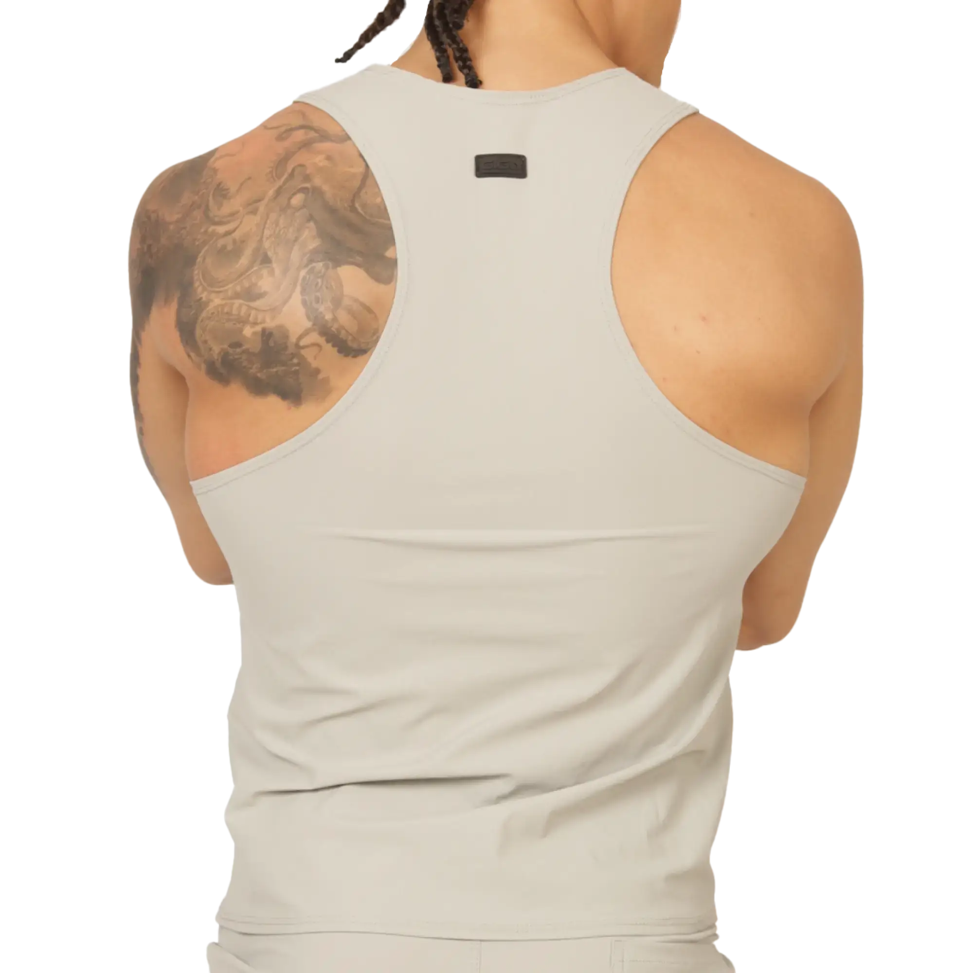 A sleek off-white racerback tank top with minimalist design and small black gigo club brand tag at the neckline