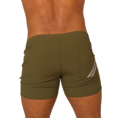 Olive green gigo club athletic shorts featuring a subtle white diagonal stripe on the side pocket for casual wear