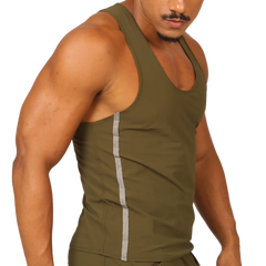 Olive green gigo club athletic tank top with a vertical silver stripe down the side for workout wear