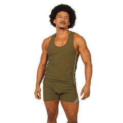 Olive green gigo club athletic tank top with white side stripes designed for activewear and comfort