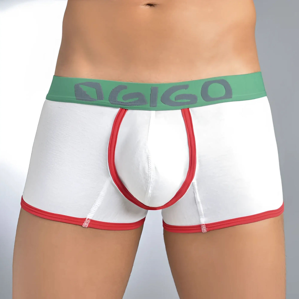 White briefs gigo color white short boxer underwear xl with red trim and green waistband featuring gigo logo
