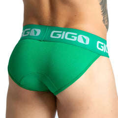 Green gigo brand briefs in textured fabric with white logo on waistband called gigo colors green brief