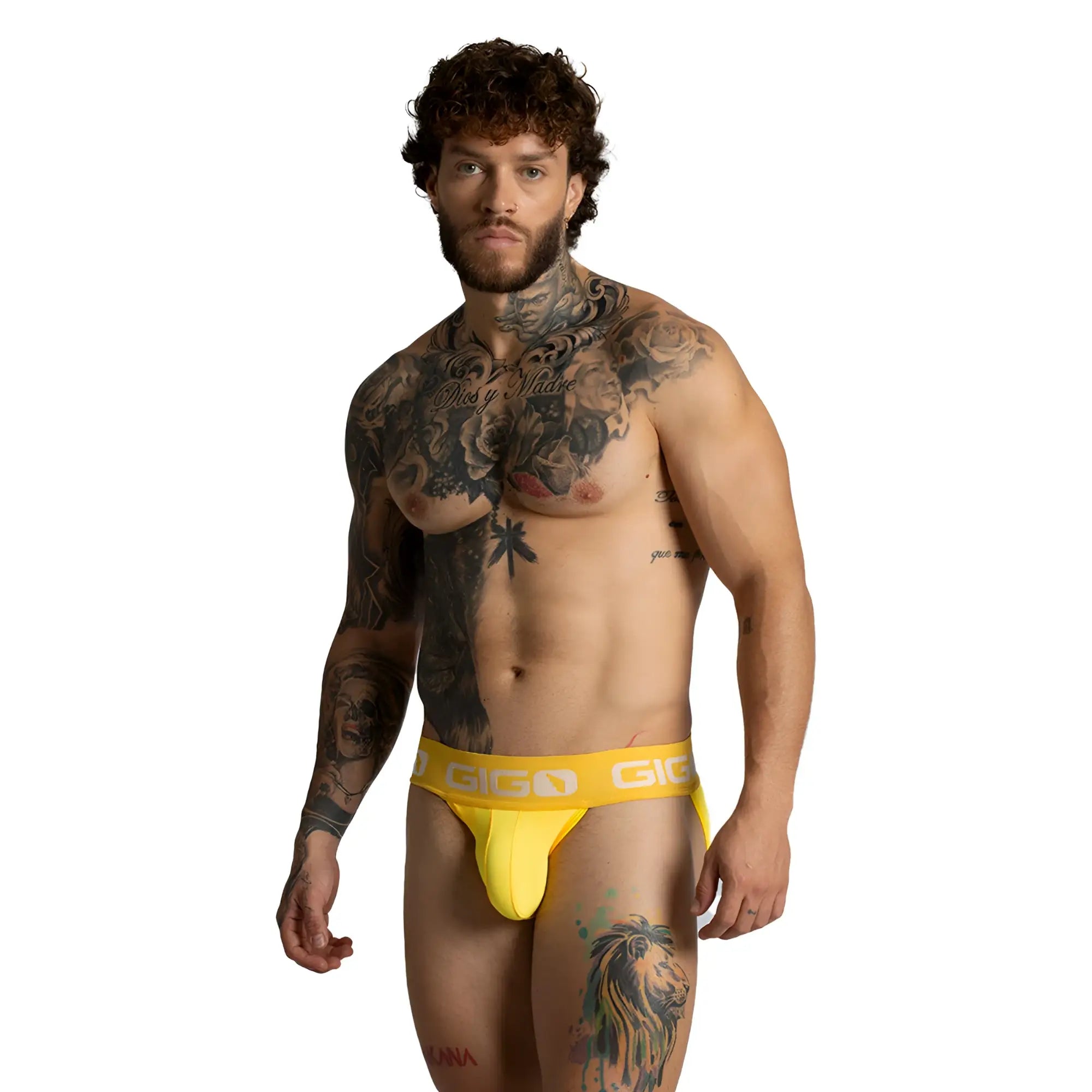 Bright yellow gigo colors jockstrap with bold contrasting elastic waistband for comfortable support