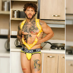 Yellow gigo harness colors set with briefs featuring black trim and matching yellow harness style top for stylish comfort