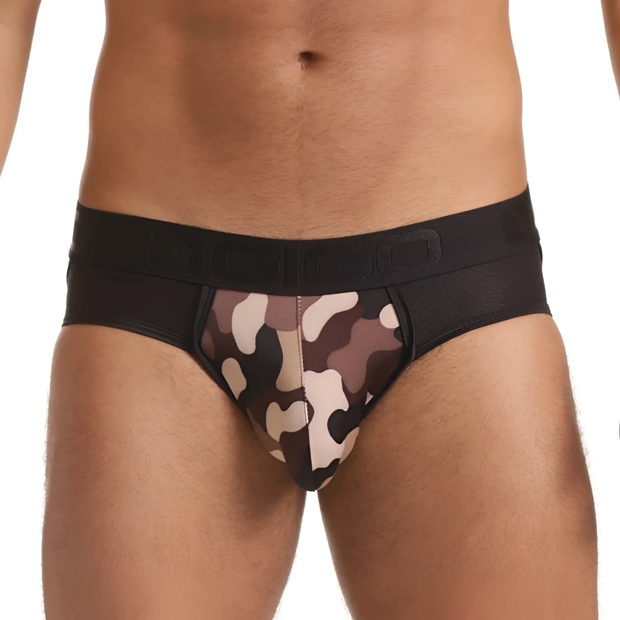 Menâ€™s gigo combat brown brief jockstrap in black and beige camouflage with solid black waistband and supportive design