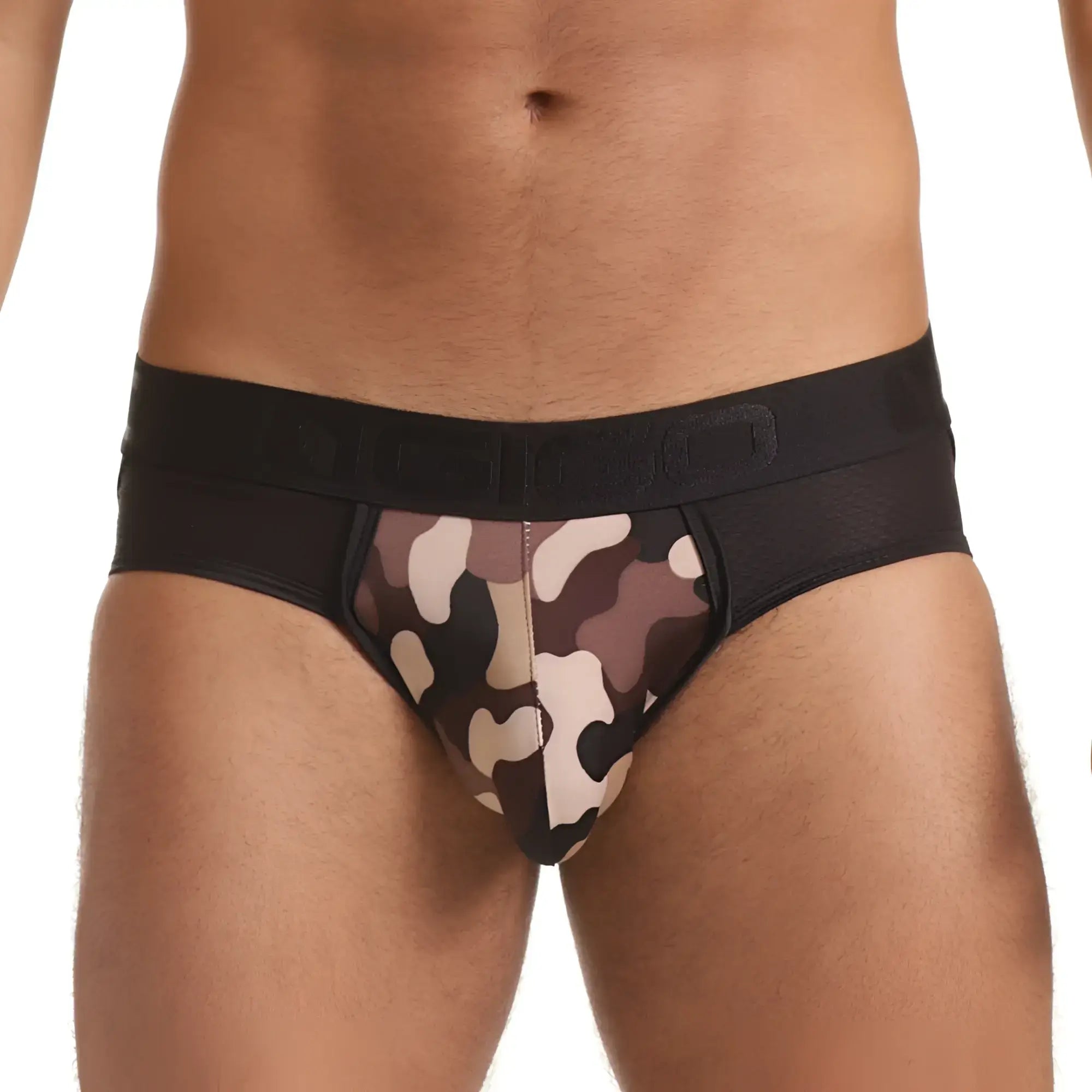 Menâ€™s gigo combat brown brief jockstrap in black and beige camouflage with solid black waistband and supportive design